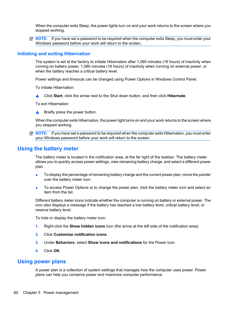 Initiating and exiting hibernation, Using the battery meter, Using power plans | Using the battery meter using power plans | HP Compaq Presario CQ42-152TU Notebook PC User Manual | Page 70 / 123