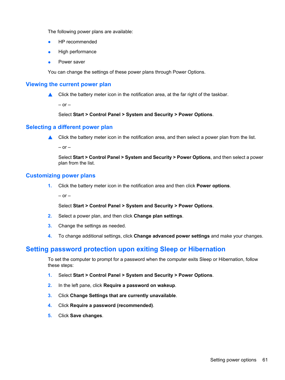 Viewing the current power plan, Selecting a different power plan, Customizing power plans | HP Compaq Presario CQ42-152TU Notebook PC User Manual | Page 71 / 123