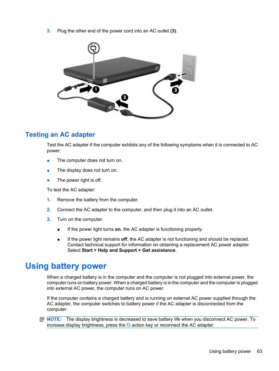 Testing an ac adapter, Using battery power | HP Compaq Presario CQ42-152TU Notebook PC User Manual | Page 73 / 123