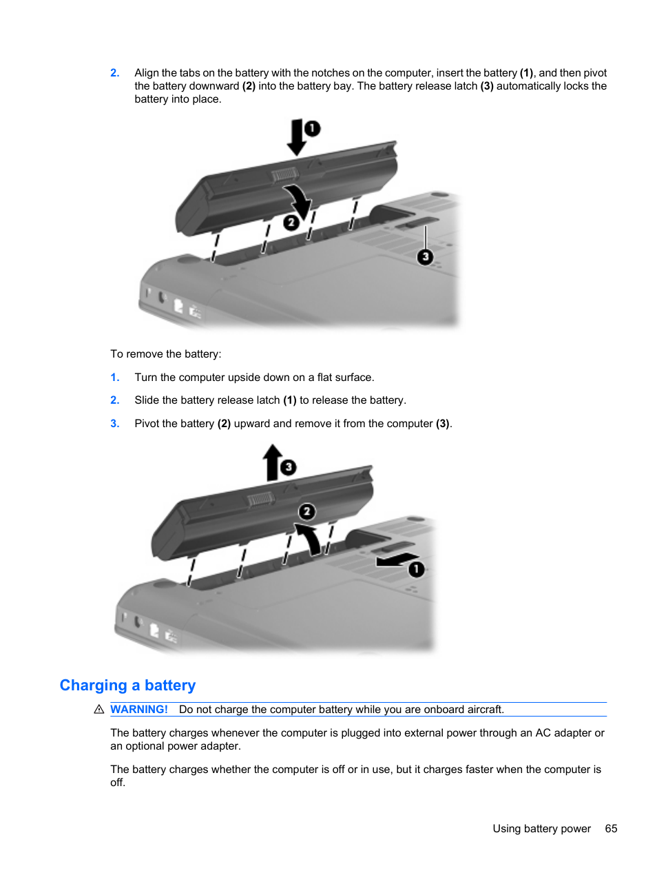 Charging a battery | HP Compaq Presario CQ42-152TU Notebook PC User Manual | Page 75 / 123