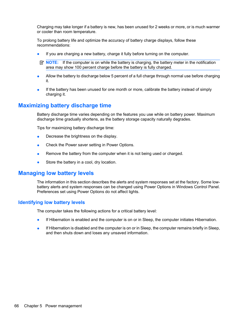 Maximizing battery discharge time, Managing low battery levels, Identifying low battery levels | HP Compaq Presario CQ42-152TU Notebook PC User Manual | Page 76 / 123