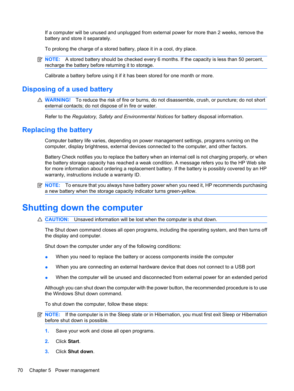 Disposing of a used battery, Replacing the battery, Shutting down the computer | Disposing of a used battery replacing the battery | HP Compaq Presario CQ42-152TU Notebook PC User Manual | Page 80 / 123