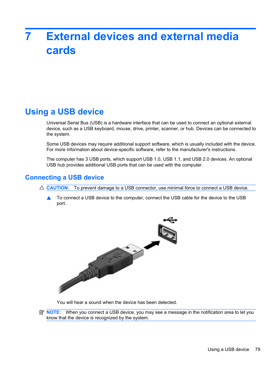 External devices and external media cards, Using a usb device, Connecting a usb device | 7 external devices and external media cards, 7external devices and external media cards | HP Compaq Presario CQ42-152TU Notebook PC User Manual | Page 89 / 123