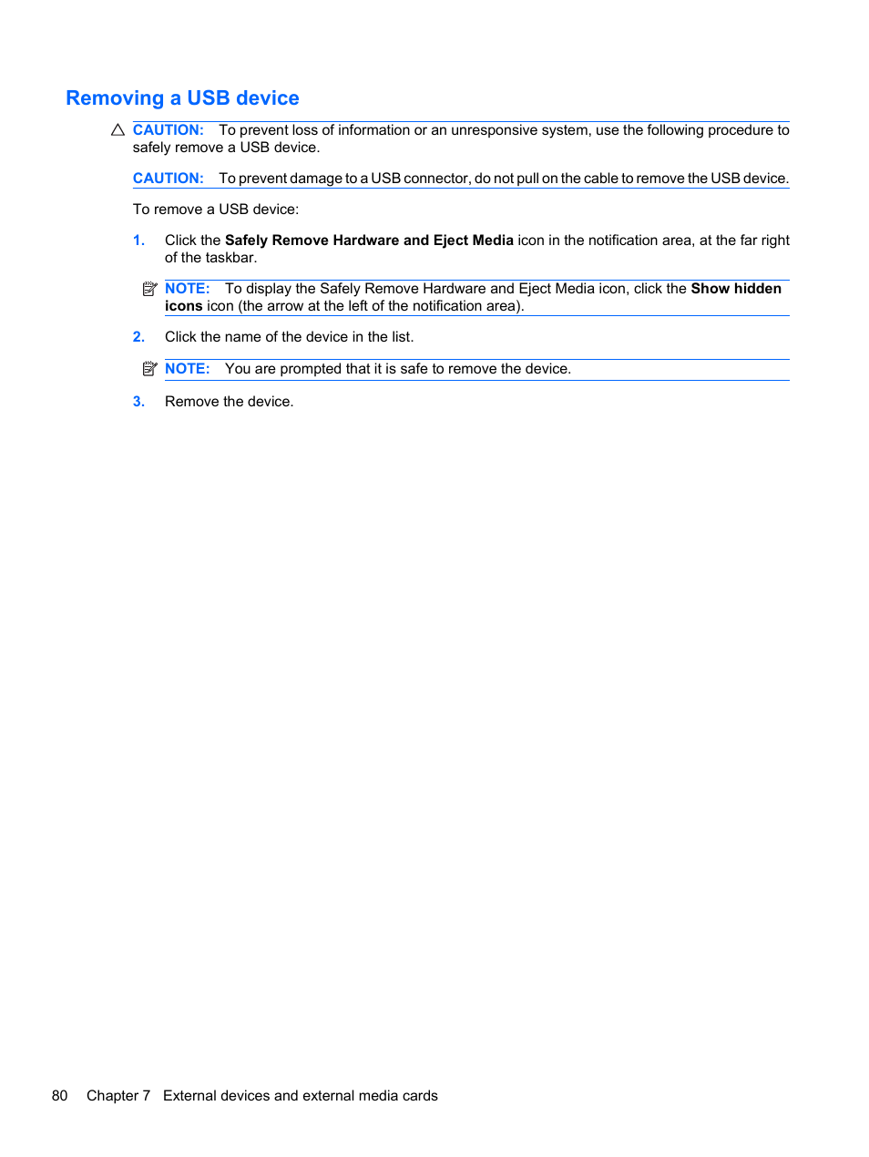 Removing a usb device | HP Compaq Presario CQ42-152TU Notebook PC User Manual | Page 90 / 123