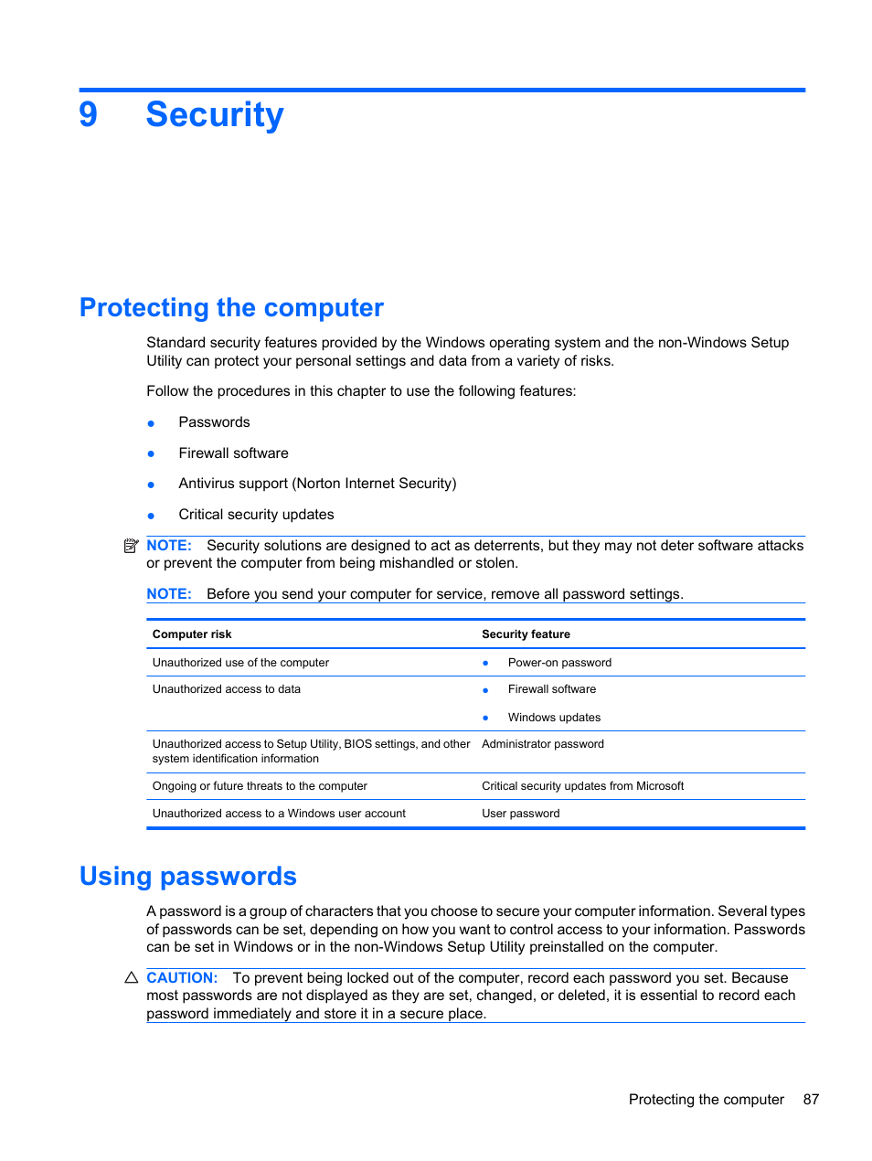 Security, Protecting the computer, Using passwords | 9 security, Protecting the computer using passwords, 9security | HP Compaq Presario CQ42-152TU Notebook PC User Manual | Page 97 / 123