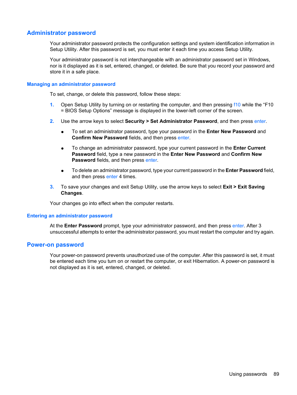 Administrator password, Managing an administrator password, Entering an administrator password | Power-on password | HP Compaq Presario CQ42-152TU Notebook PC User Manual | Page 99 / 123
