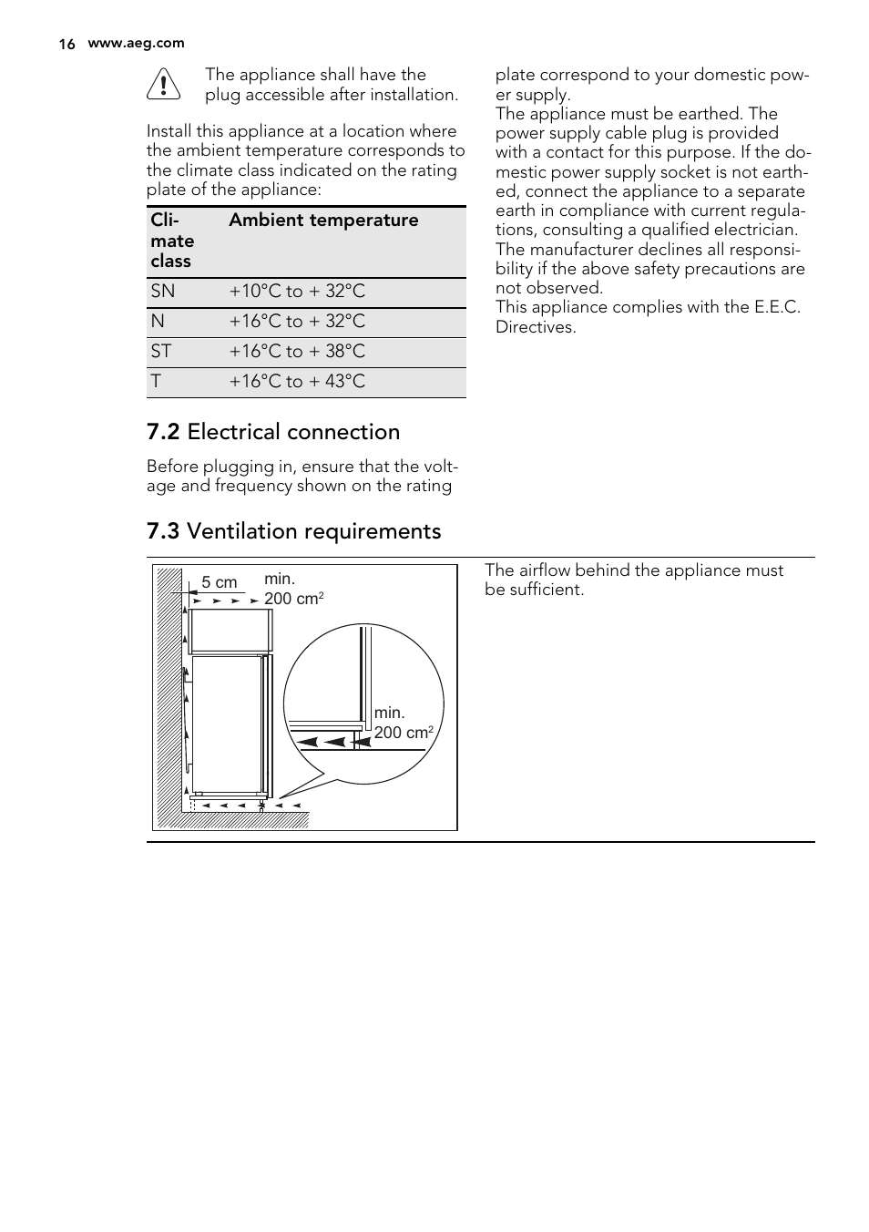 2 electrical connection, 3 ventilation requirements | AEG S93000KZM0 User Manual | Page 16 / 80