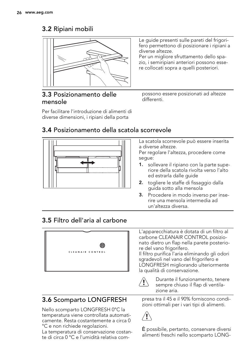 2 ripiani mobili, 3 posizionamento delle mensole, 4 posizionamento della scatola scorrevole | 5 filtro dell'aria al carbone, 6 scomparto longfresh | AEG S93000KZM0 User Manual | Page 26 / 80