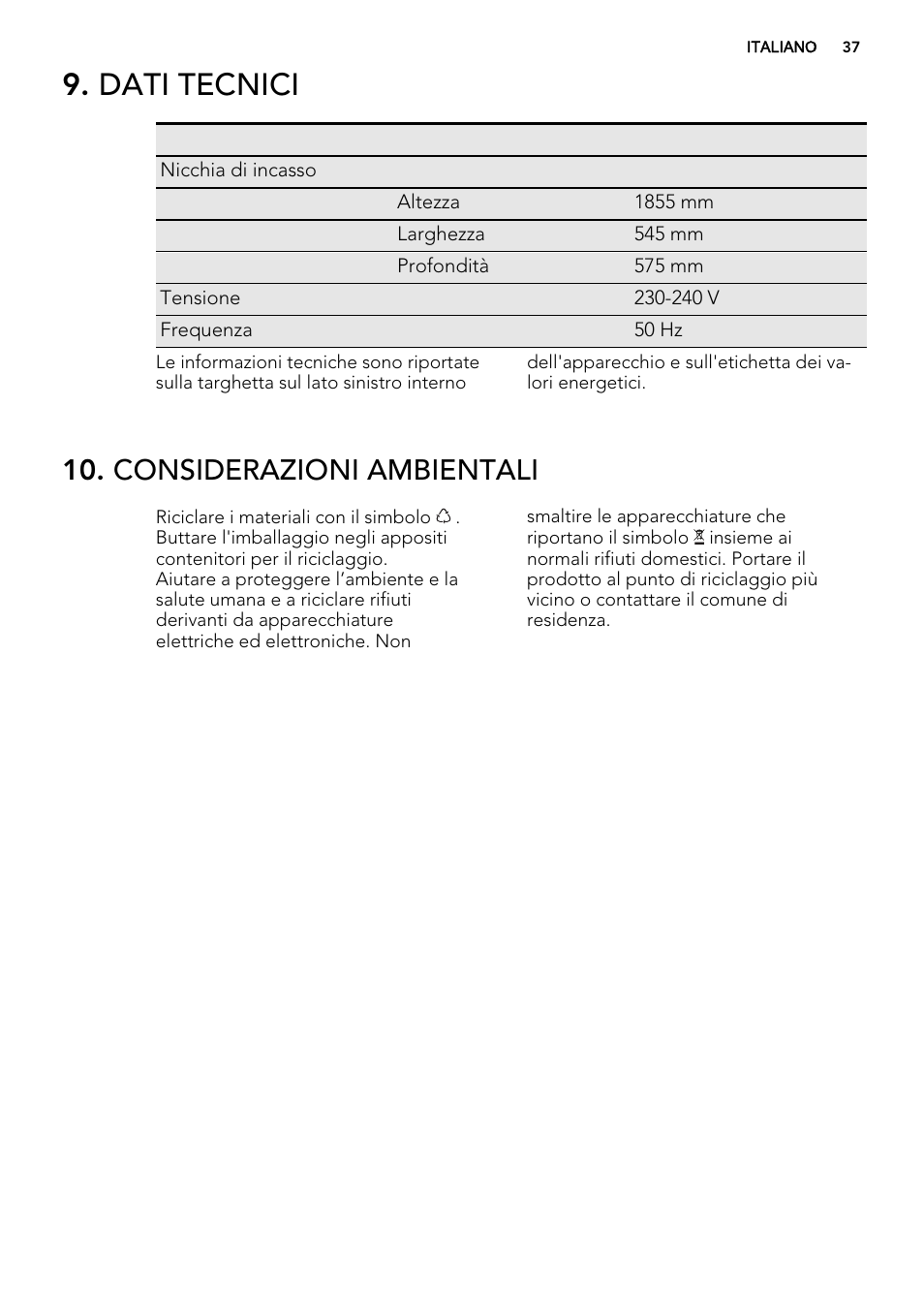 Dati tecnici, Considerazioni ambientali | AEG S93000KZM0 User Manual | Page 37 / 80