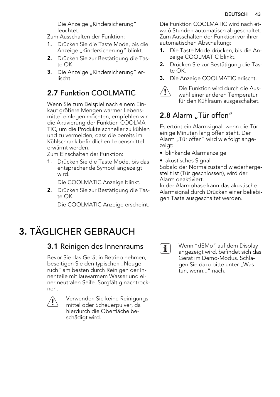 Täglicher gebrauch, 7 funktion coolmatic, 8 alarm „tür offen | 1 reinigen des innenraums | AEG S93000KZM0 User Manual | Page 43 / 80