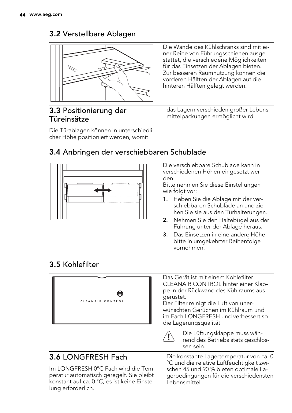 2 verstellbare ablagen, 3 positionierung der türeinsätze, 4 anbringen der verschiebbaren schublade | 5 kohlefilter, 6 longfresh fach | AEG S93000KZM0 User Manual | Page 44 / 80