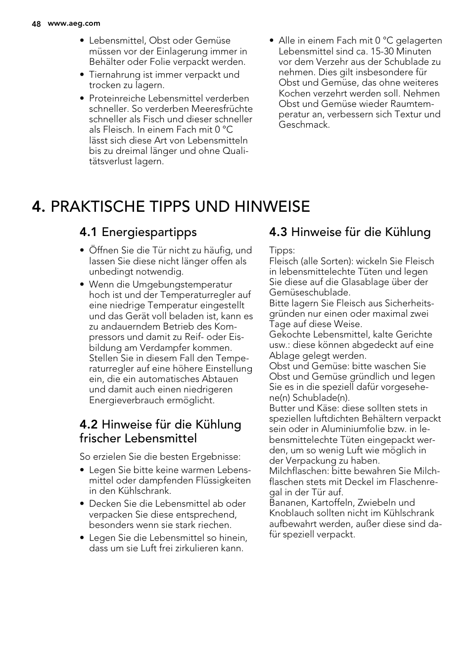 Praktische tipps und hinweise, 1 energiespartipps, 2 hinweise für die kühlung frischer lebensmittel | 3 hinweise für die kühlung | AEG S93000KZM0 User Manual | Page 48 / 80