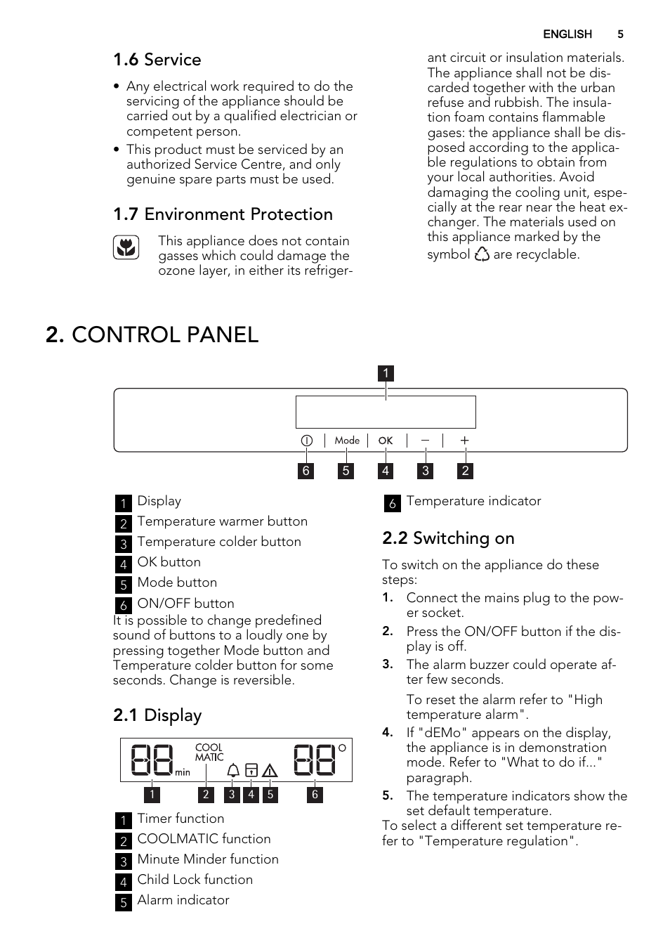 Control panel, 6 service, 7 environment protection | 1 display, 2 switching on | AEG S93000KZM0 User Manual | Page 5 / 80