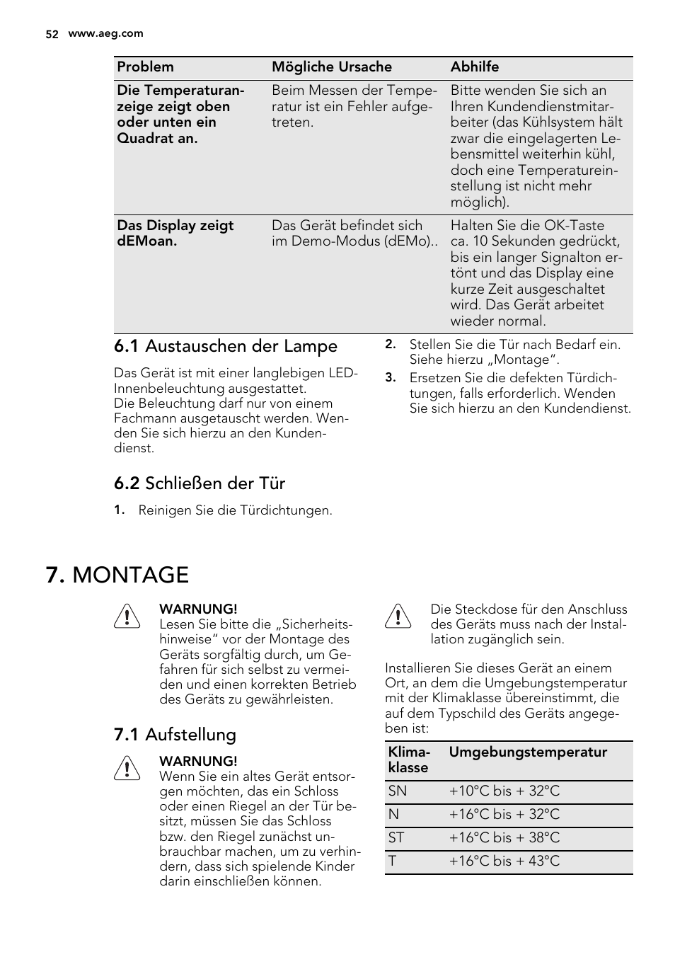 Montage, 1 austauschen der lampe, 2 schließen der tür | 1 aufstellung | AEG S93000KZM0 User Manual | Page 52 / 80