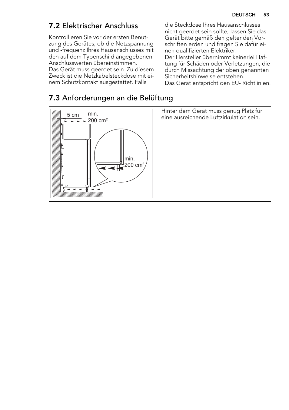 2 elektrischer anschluss, 3 anforderungen an die belüftung | AEG S93000KZM0 User Manual | Page 53 / 80