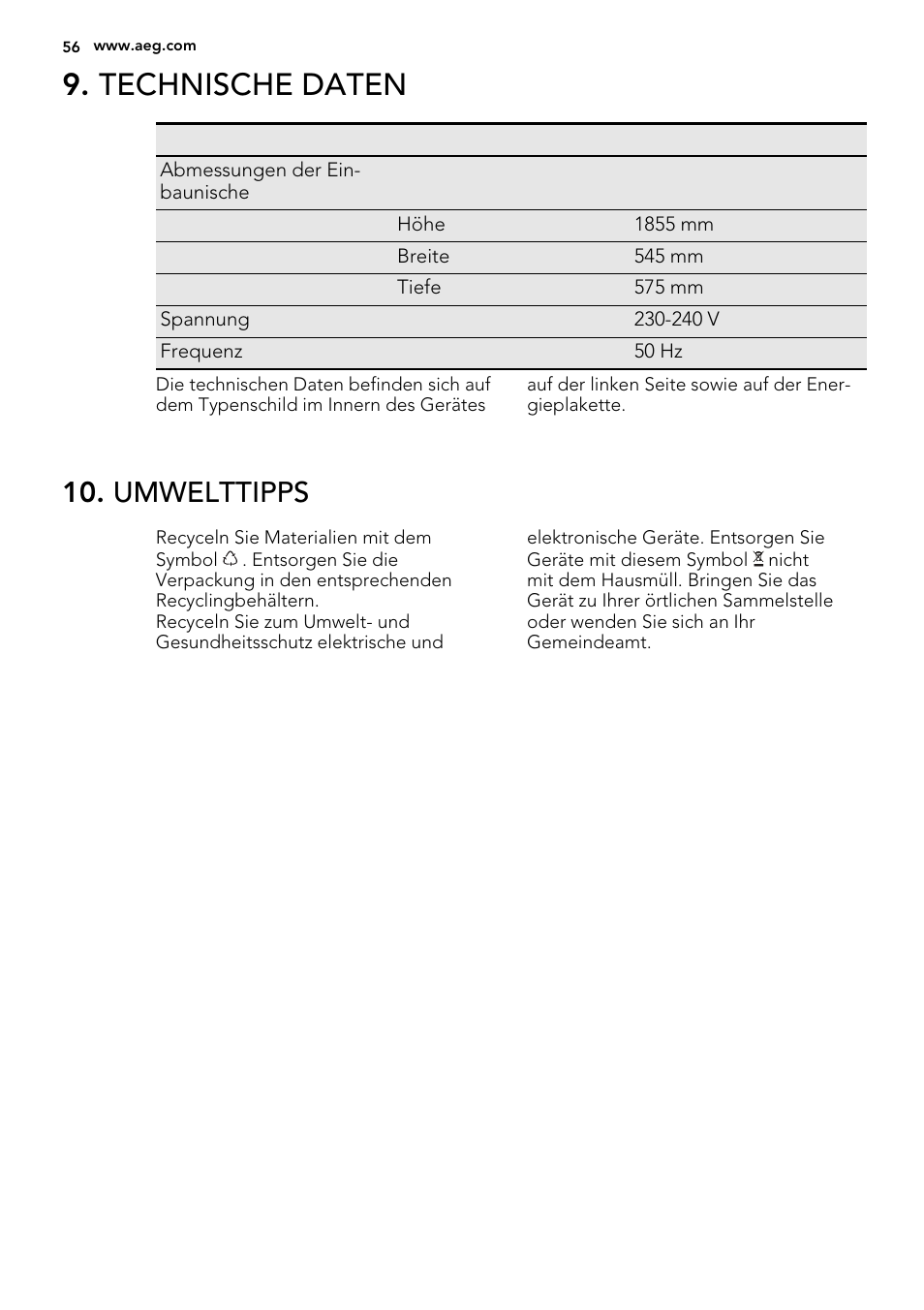 Technische daten, Umwelttipps | AEG S93000KZM0 User Manual | Page 56 / 80