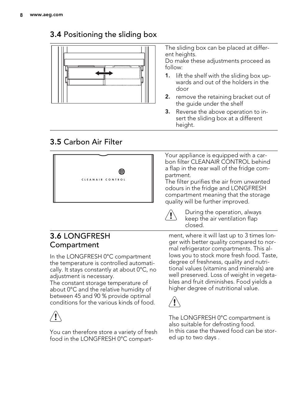 4 positioning the sliding box, 5 carbon air filter, 6 longfresh compartment | AEG S93000KZM0 User Manual | Page 8 / 80