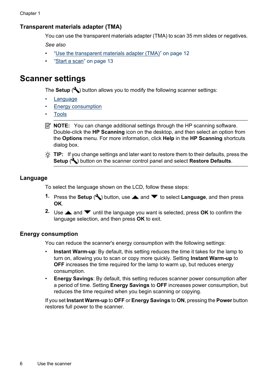 Transparent materials adapter (tma), Scanner settings, Language | Energy consumption, Language energy consumption tools | HP Scanjet N6310 Document Flatbed Scanner User Manual | Page 8 / 48
