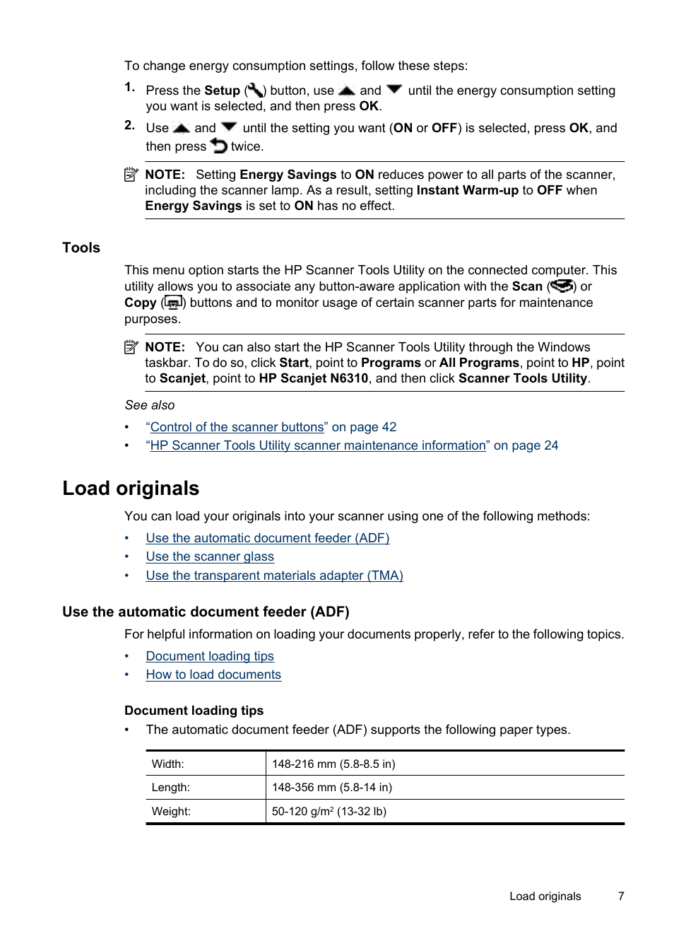 Tools, Load originals, Use the automatic document feeder (adf) | Document loading tips, Document loading tips how to load documents | HP Scanjet N6310 Document Flatbed Scanner User Manual | Page 9 / 48