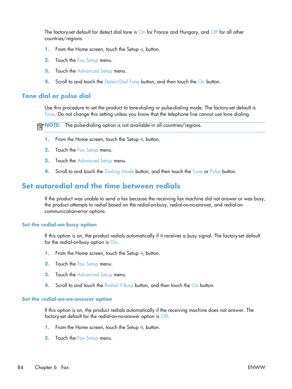 Tone dial or pulse dial, Set autoredial and the time between redials | HP LaserJet Pro 200 color MFP M276nw User Manual | Page 100 / 238