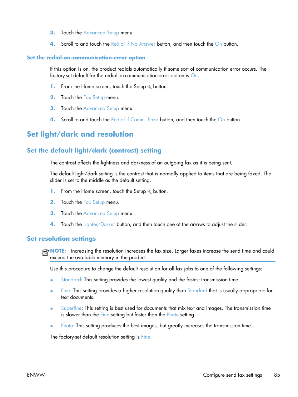 Set light/dark and resolution, Set the default light/dark (contrast) setting, Set resolution settings | HP LaserJet Pro 200 color MFP M276nw User Manual | Page 101 / 238