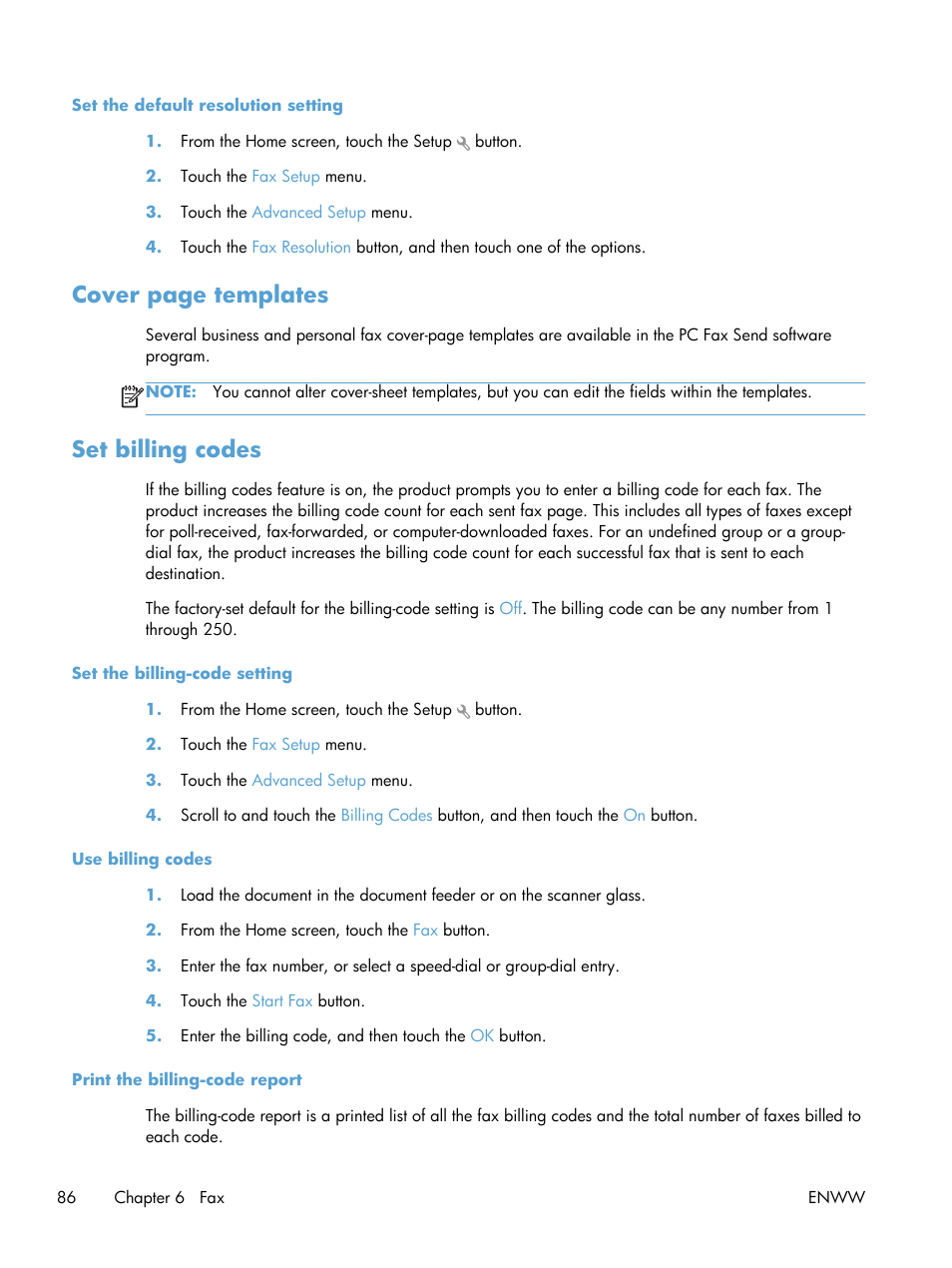 Set billing codes, Cover page templates | HP LaserJet Pro 200 color MFP M276nw User Manual | Page 102 / 238