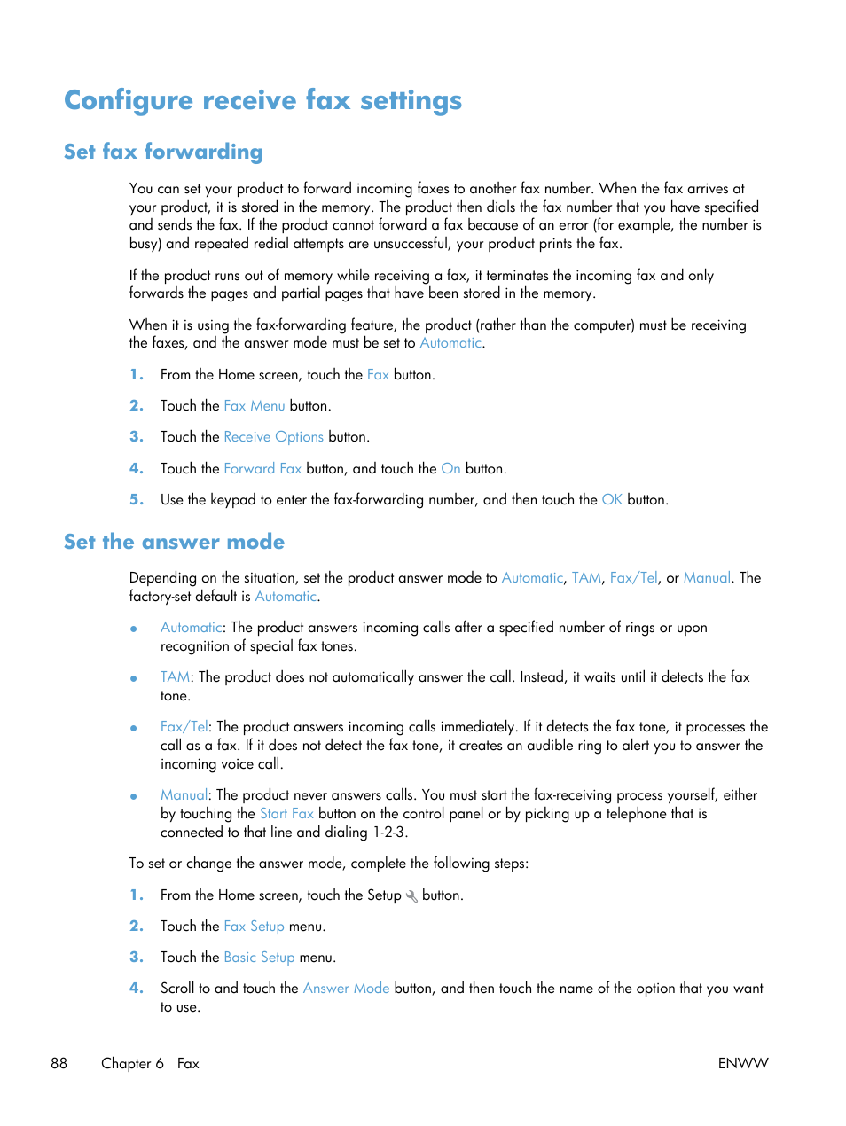 Configure receive fax settings, Set fax forwarding, Set the answer mode | Set fax forwarding set the answer mode | HP LaserJet Pro 200 color MFP M276nw User Manual | Page 104 / 238