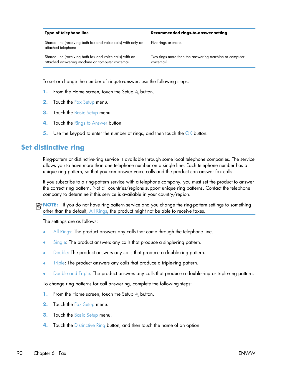 Set distinctive ring | HP LaserJet Pro 200 color MFP M276nw User Manual | Page 106 / 238