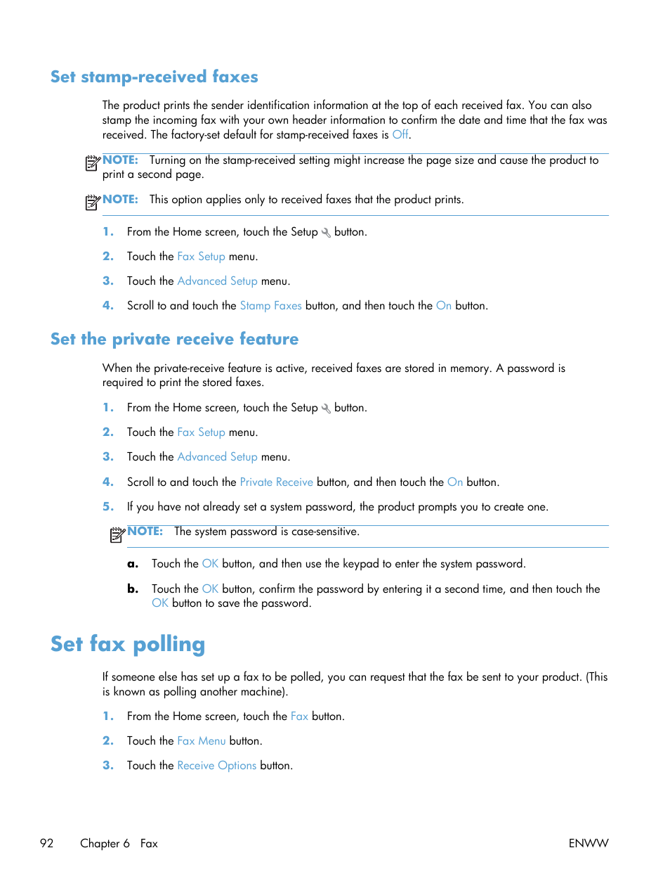 Set stamp-received faxes, Set the private receive feature, Set fax polling | HP LaserJet Pro 200 color MFP M276nw User Manual | Page 108 / 238
