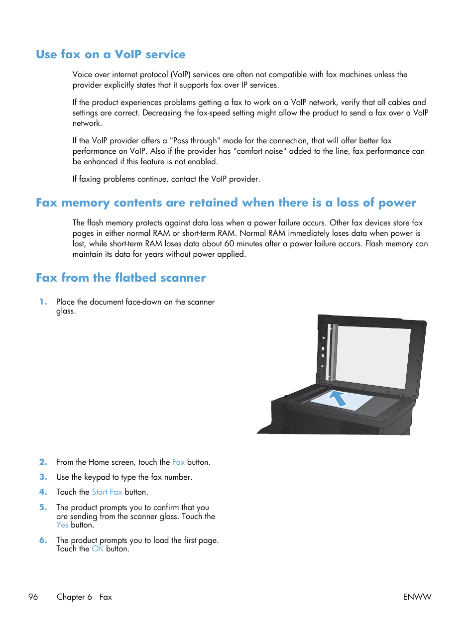 Use fax on a voip service, Fax from the flatbed scanner | HP LaserJet Pro 200 color MFP M276nw User Manual | Page 112 / 238