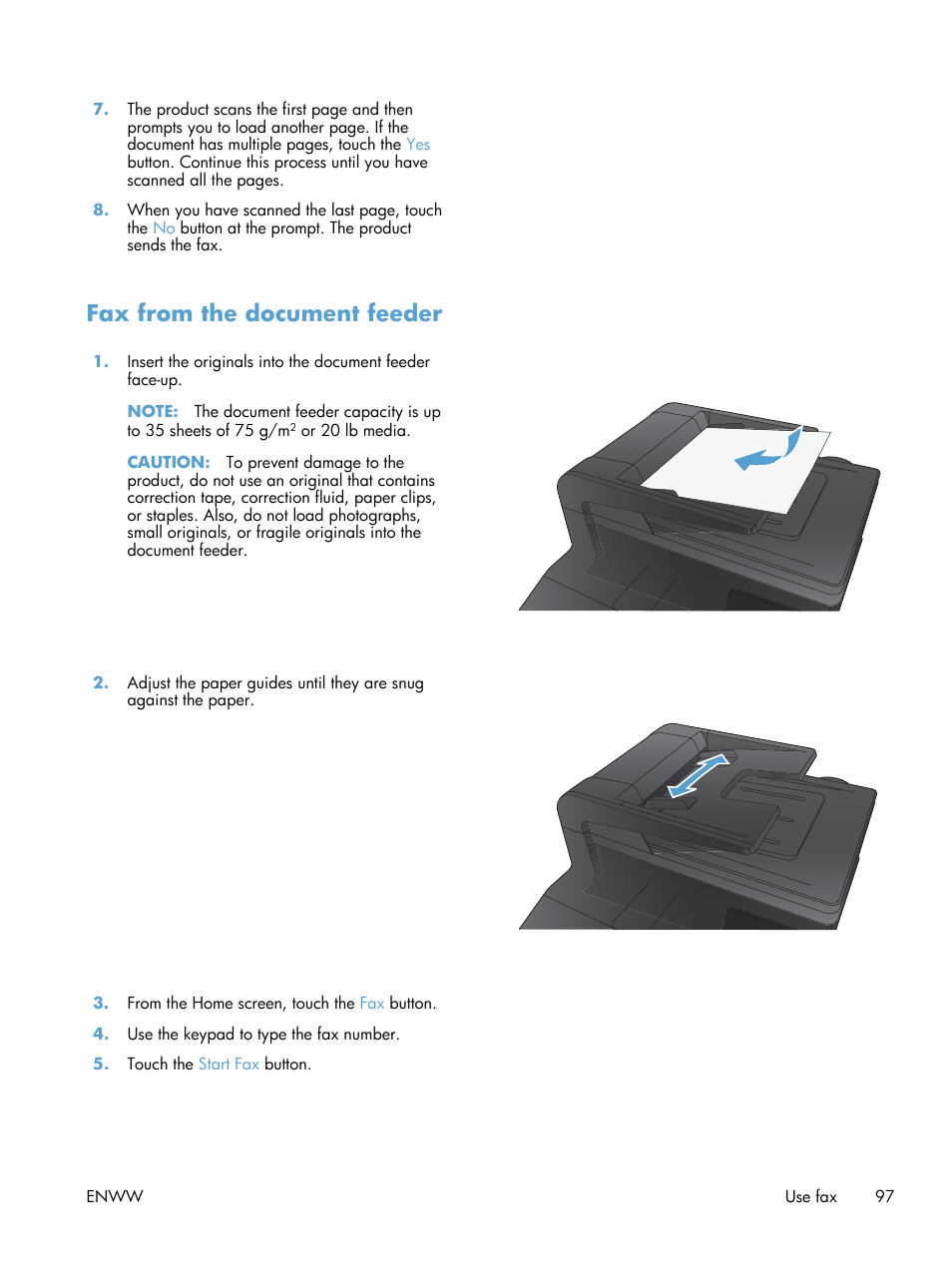 Fax from the document feeder | HP LaserJet Pro 200 color MFP M276nw User Manual | Page 113 / 238