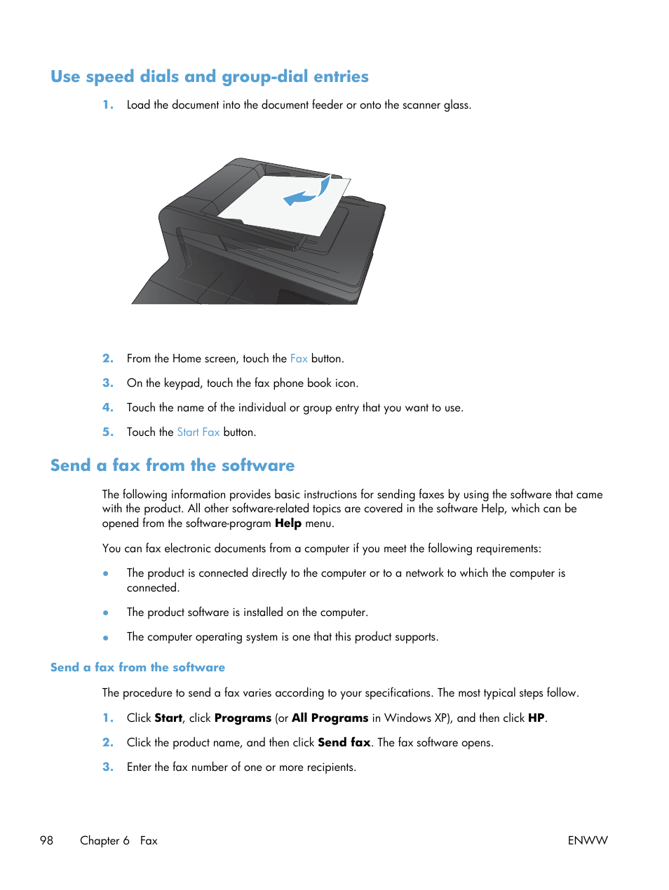 Use speed dials and group-dial entries, Send a fax from the software | HP LaserJet Pro 200 color MFP M276nw User Manual | Page 114 / 238