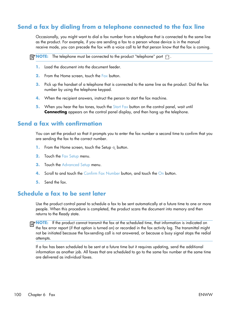 Send a fax with confirmation, Schedule a fax to be sent later | HP LaserJet Pro 200 color MFP M276nw User Manual | Page 116 / 238