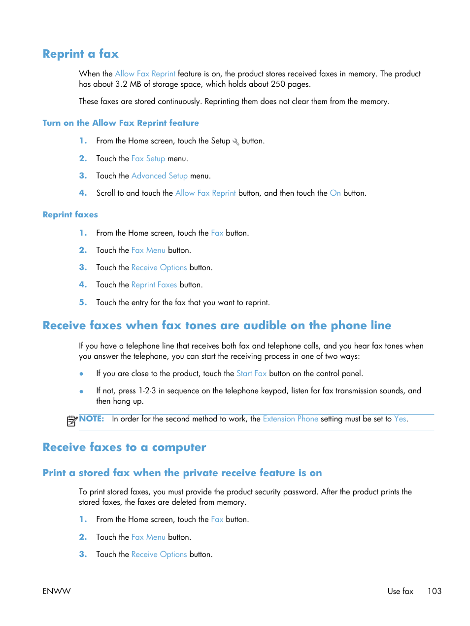 Reprint a fax, Receive faxes to a computer | HP LaserJet Pro 200 color MFP M276nw User Manual | Page 119 / 238