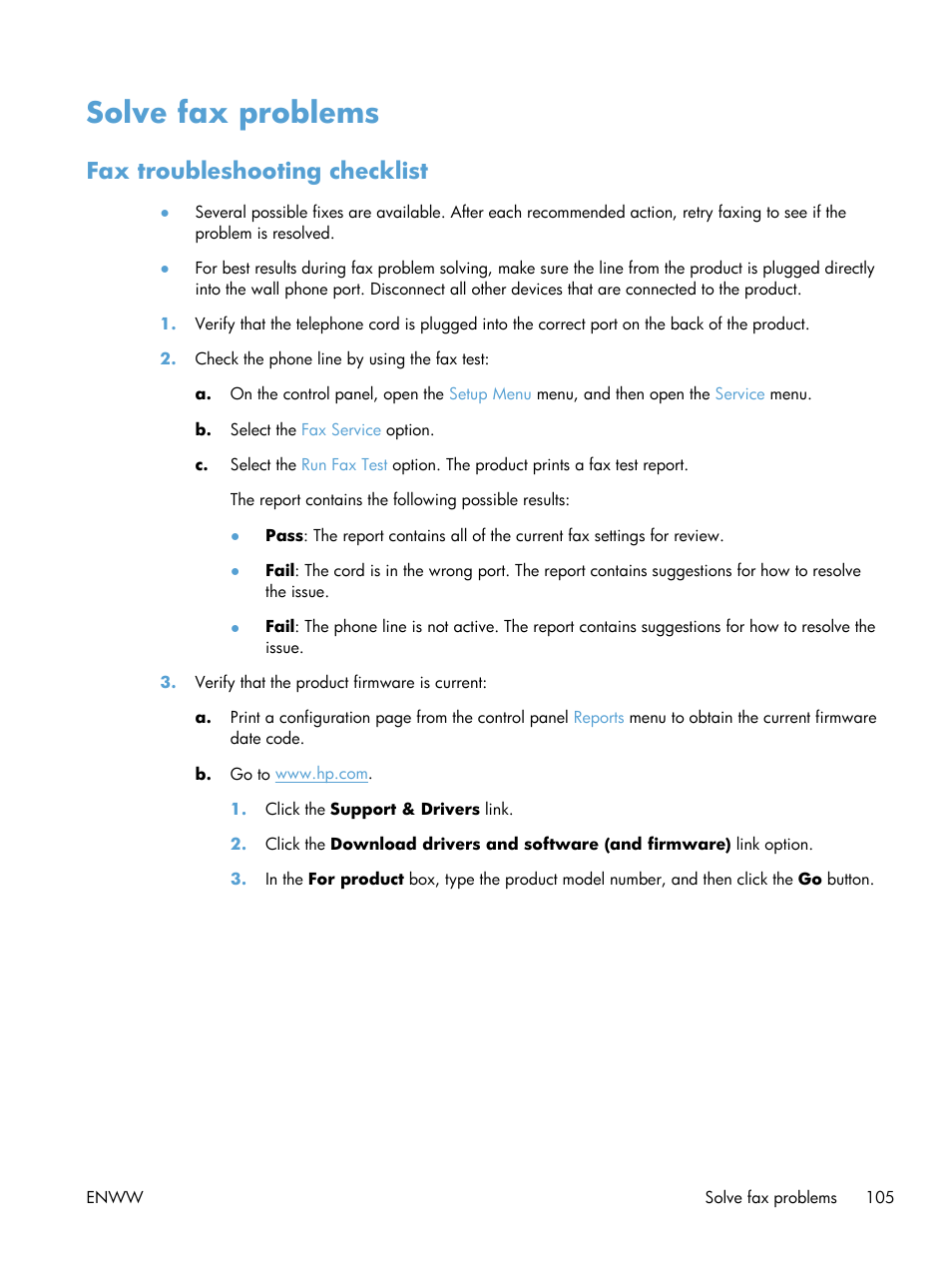 Solve fax problems, Fax troubleshooting checklist | HP LaserJet Pro 200 color MFP M276nw User Manual | Page 121 / 238