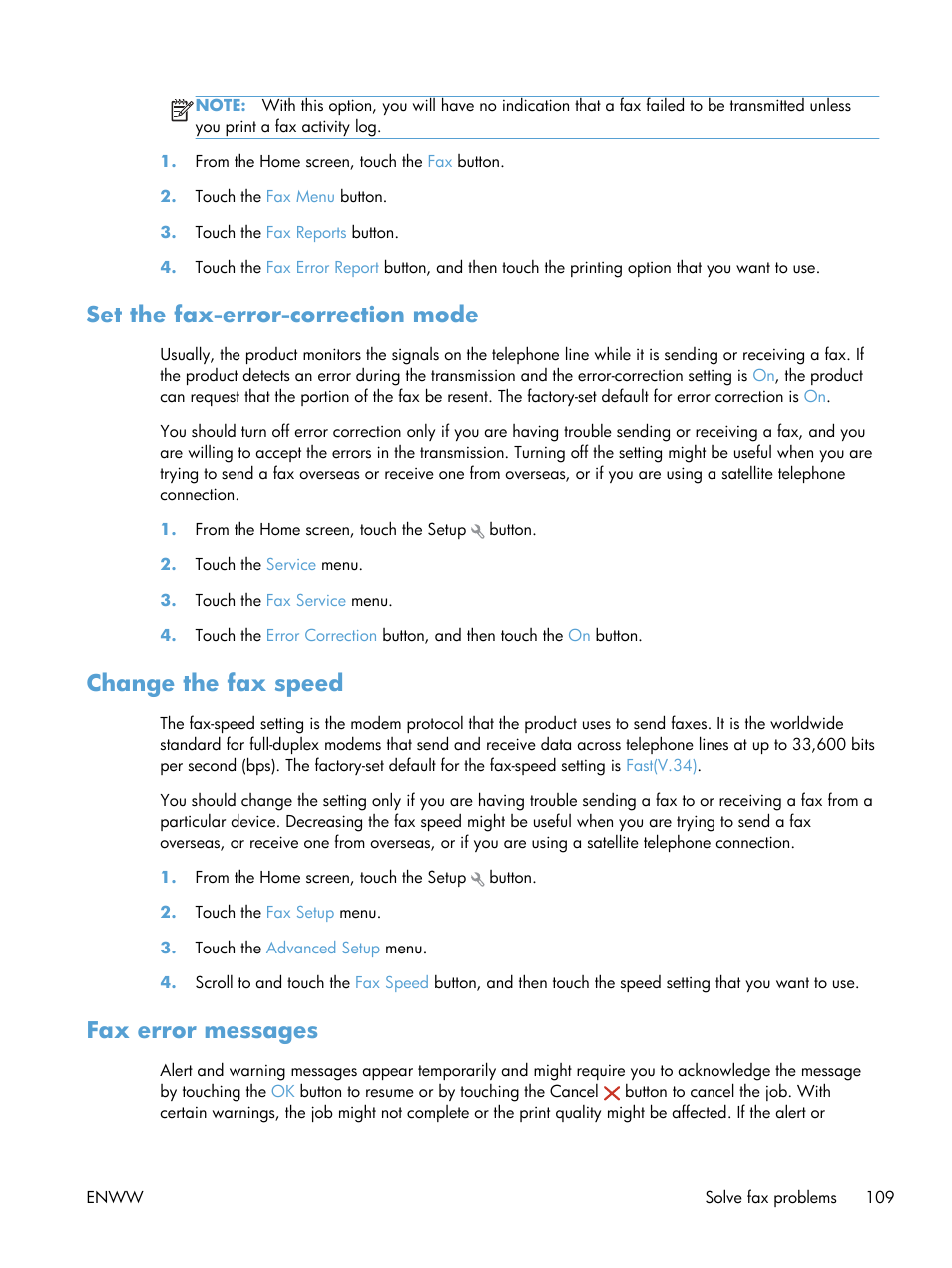Set the fax-error-correction mode, Change the fax speed, Fax error messages | HP LaserJet Pro 200 color MFP M276nw User Manual | Page 125 / 238