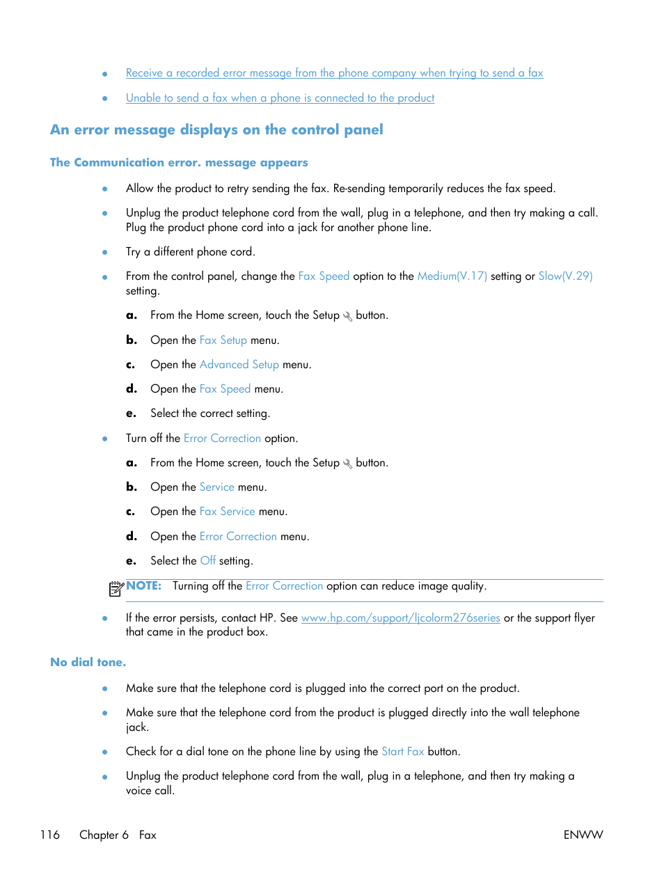 An error message displays on the control panel, The communication error. message appears, No dial tone | HP LaserJet Pro 200 color MFP M276nw User Manual | Page 132 / 238