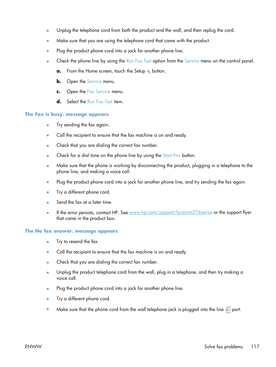 The fax is busy. message appears, The no fax answer. message appears | HP LaserJet Pro 200 color MFP M276nw User Manual | Page 133 / 238