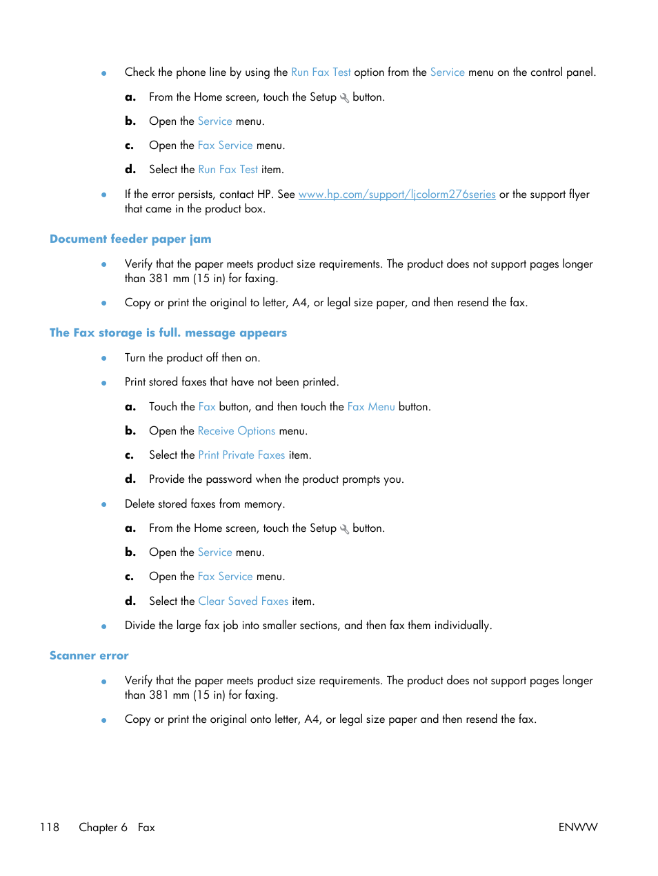 Document feeder paper jam, The fax storage is full. message appears, Scanner error | HP LaserJet Pro 200 color MFP M276nw User Manual | Page 134 / 238