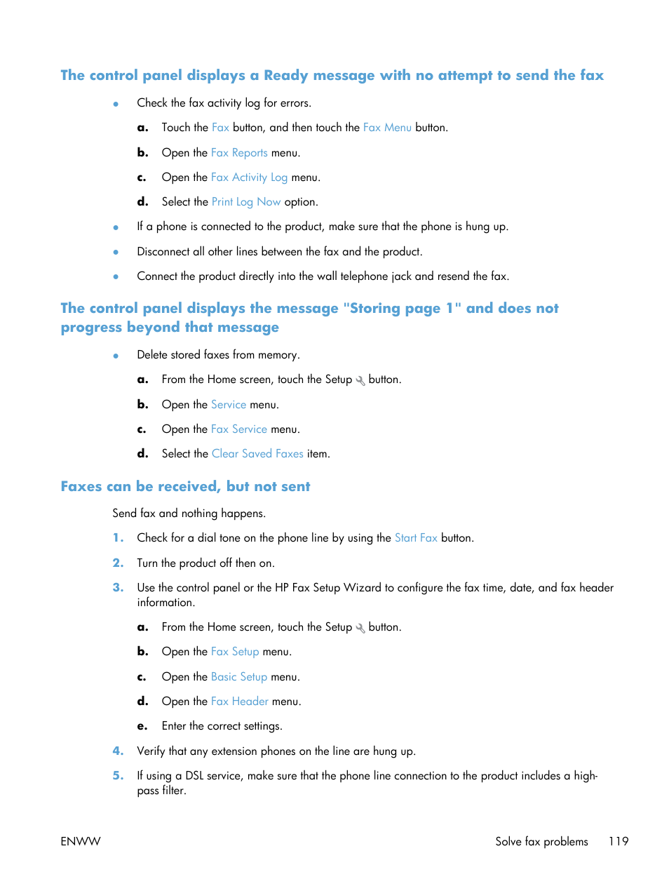 Faxes can be received, but not sent, Message | HP LaserJet Pro 200 color MFP M276nw User Manual | Page 135 / 238