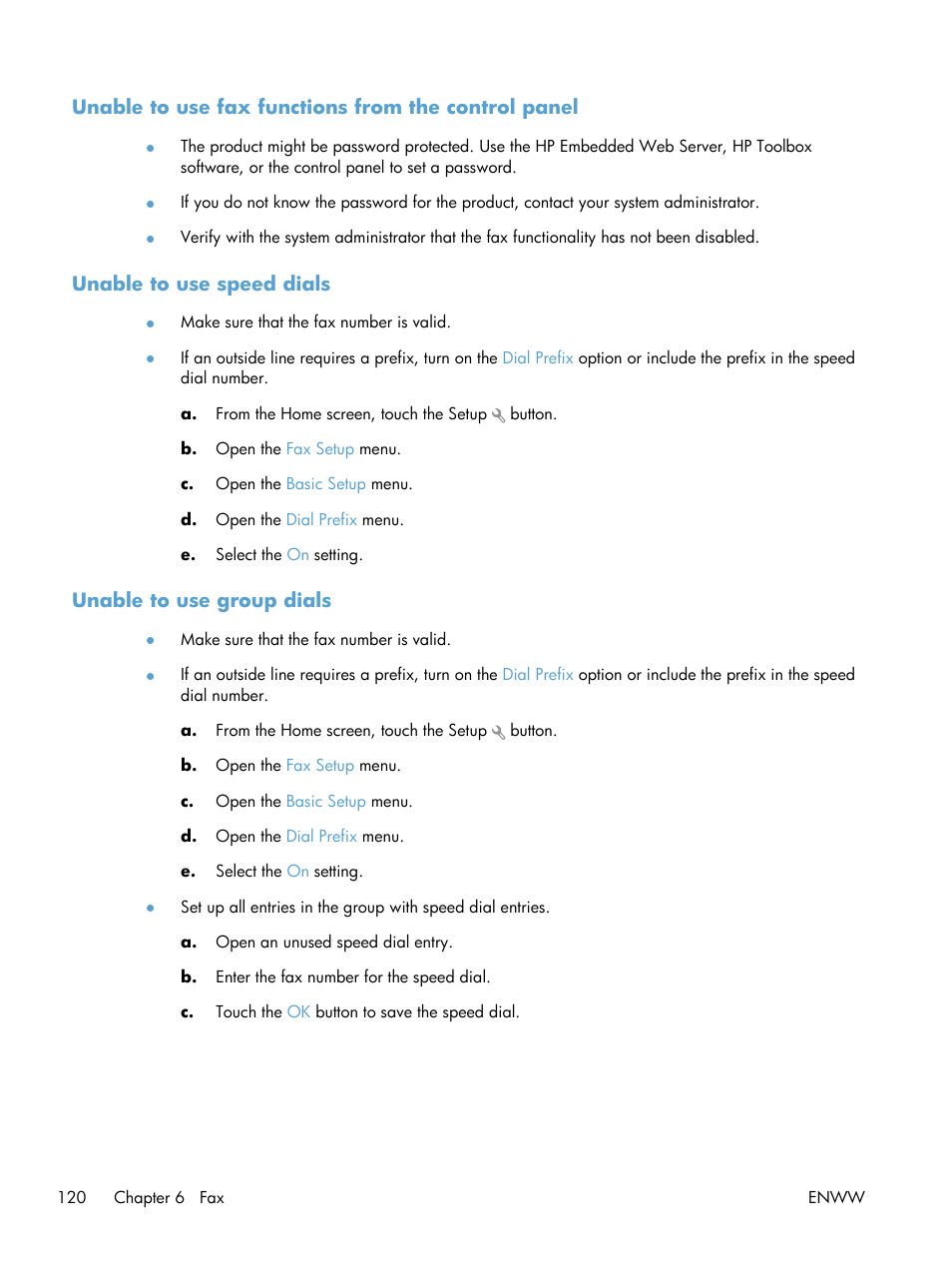 Unable to use fax functions from the control panel, Unable to use speed dials, Unable to use group dials | HP LaserJet Pro 200 color MFP M276nw User Manual | Page 136 / 238