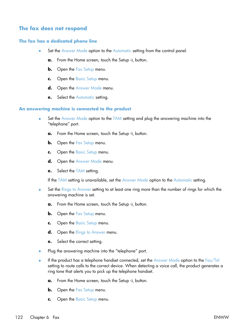 The fax does not respond, The fax has a dedicated phone line, An answering machine is connected to the product | HP LaserJet Pro 200 color MFP M276nw User Manual | Page 138 / 238