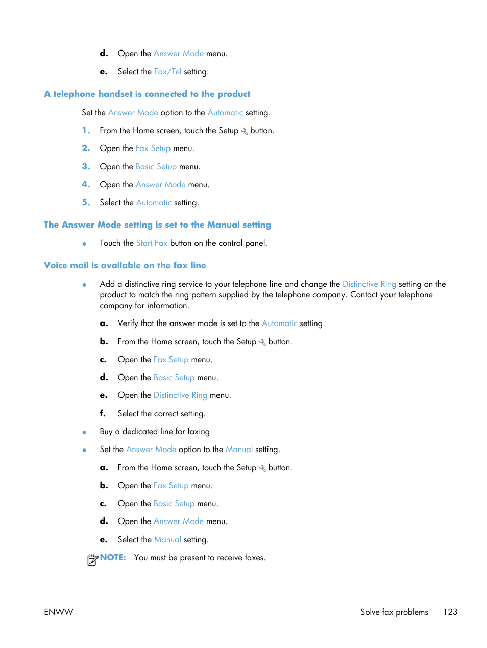 A telephone handset is connected to the product, Voice mail is available on the fax line | HP LaserJet Pro 200 color MFP M276nw User Manual | Page 139 / 238