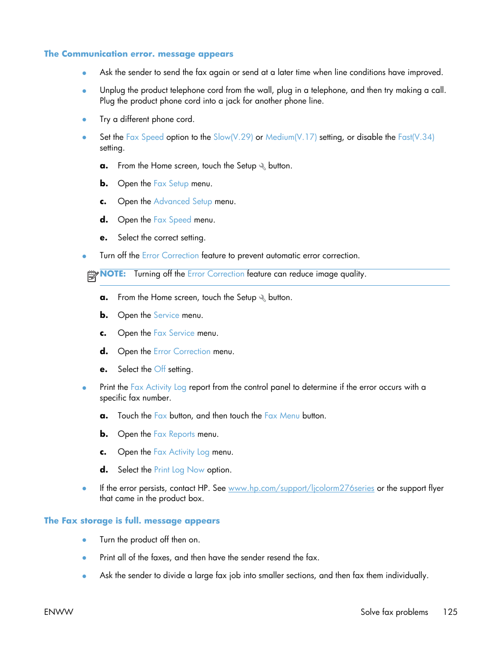 The communication error. message appears, The fax storage is full. message appears | HP LaserJet Pro 200 color MFP M276nw User Manual | Page 141 / 238