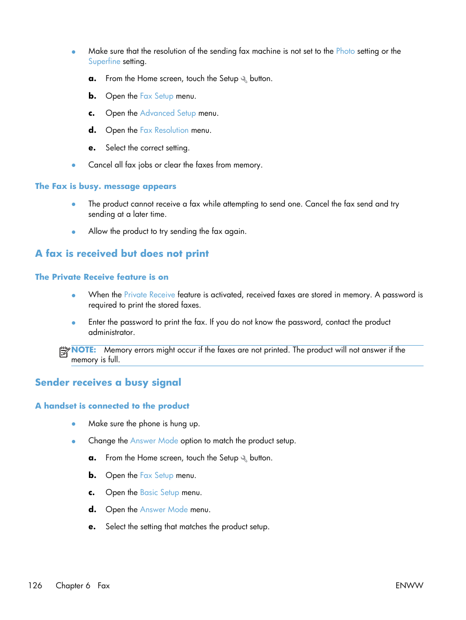 The fax is busy. message appears, A fax is received but does not print, The private receive feature is on | Sender receives a busy signal, A handset is connected to the product | HP LaserJet Pro 200 color MFP M276nw User Manual | Page 142 / 238