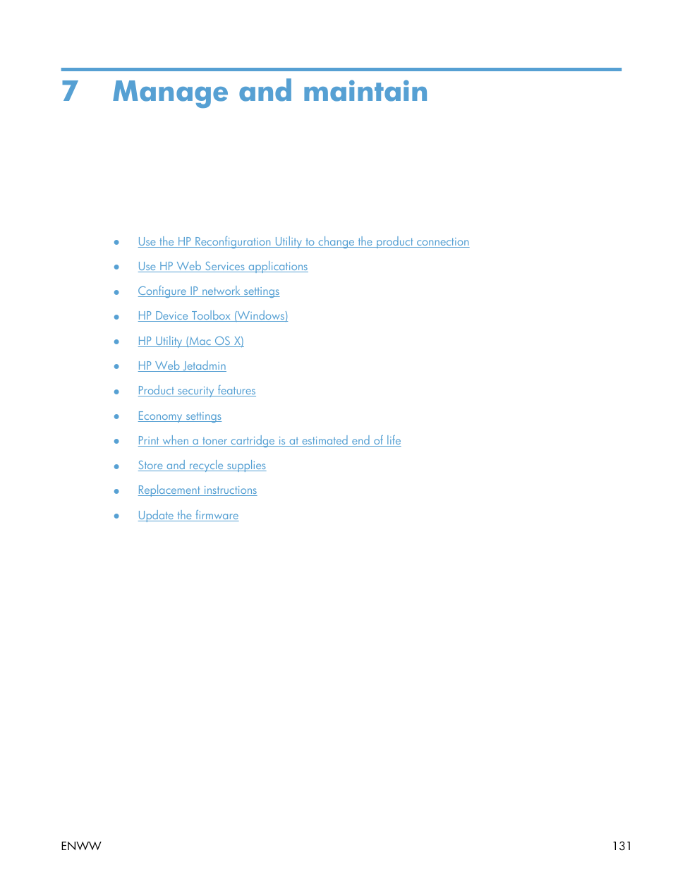 Manage and maintain, 7 manage and maintain | HP LaserJet Pro 200 color MFP M276nw User Manual | Page 147 / 238