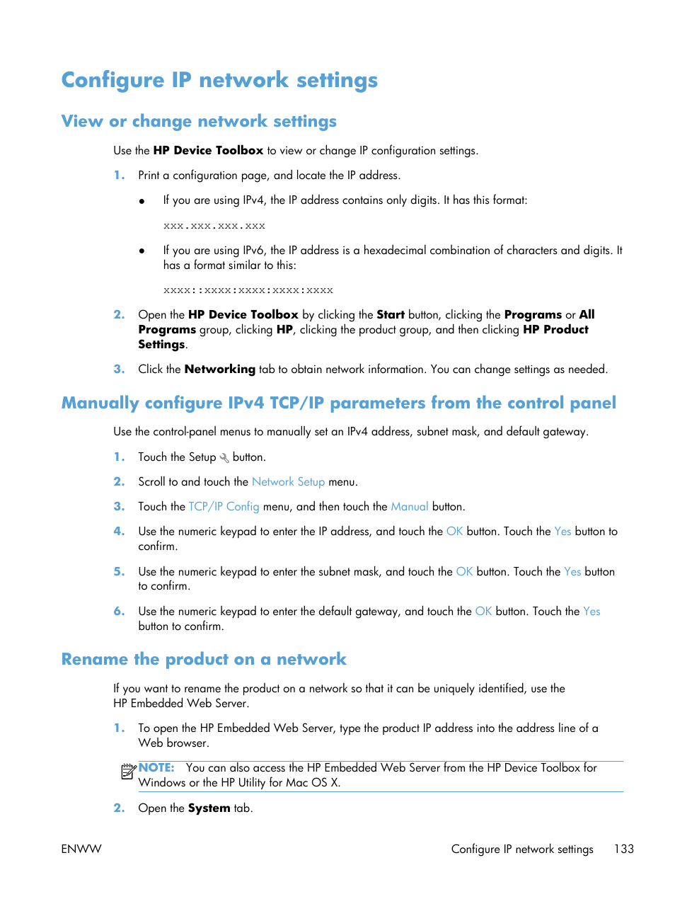 Configure ip network settings, View or change network settings, Rename the product on a network | HP LaserJet Pro 200 color MFP M276nw User Manual | Page 149 / 238