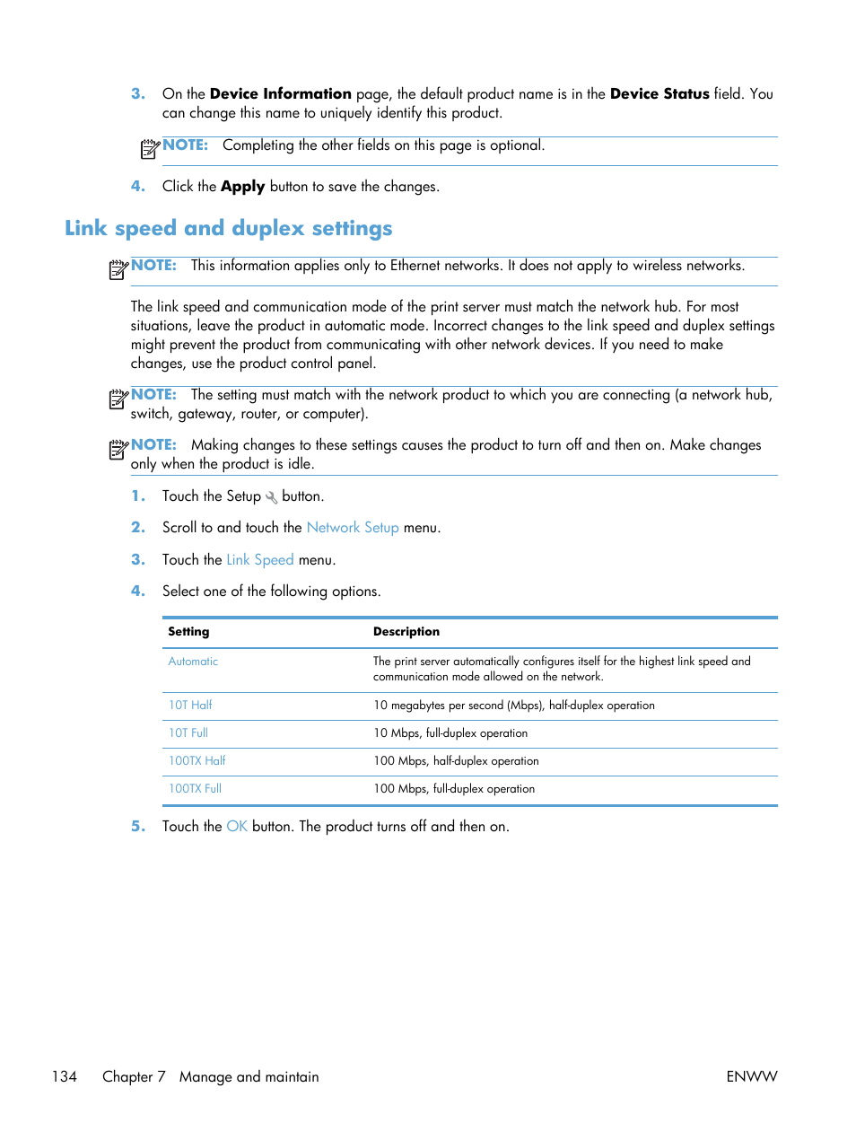 Link speed and duplex settings | HP LaserJet Pro 200 color MFP M276nw User Manual | Page 150 / 238