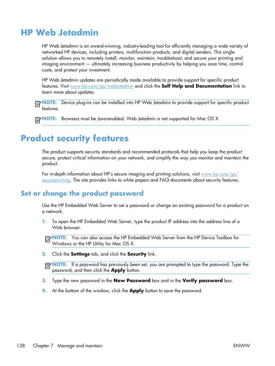 Hp web jetadmin, Product security features, Set or change the product password | Hp web jetadmin product security features | HP LaserJet Pro 200 color MFP M276nw User Manual | Page 154 / 238