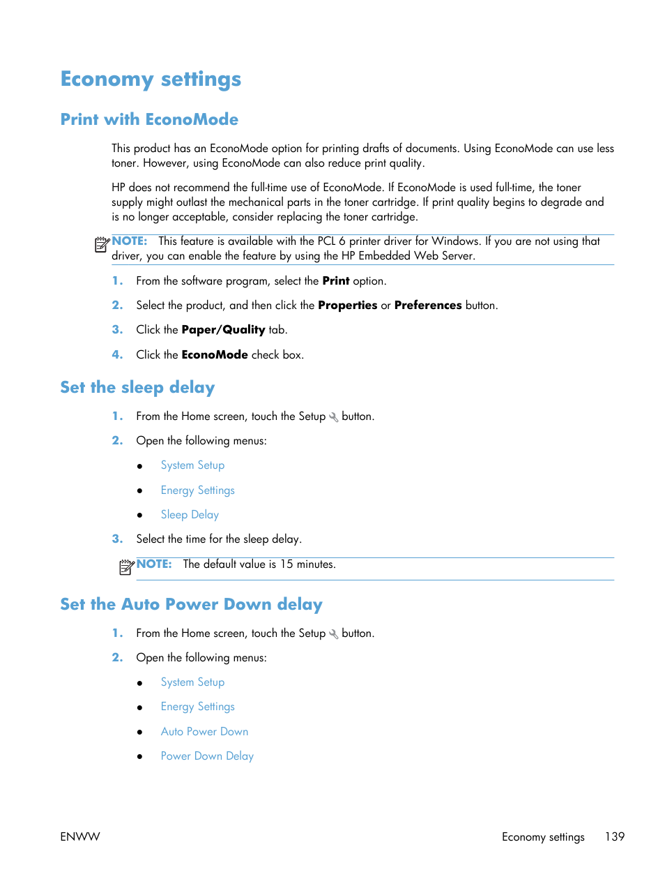 Economy settings, Print with economode, Set the sleep delay | Set the auto power down delay | HP LaserJet Pro 200 color MFP M276nw User Manual | Page 155 / 238